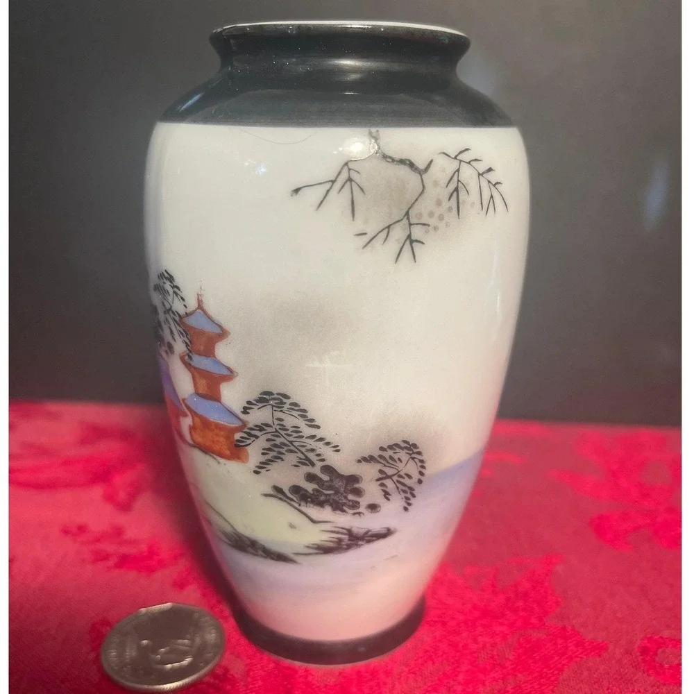 Vintage Japanese Hand Painted Porcelain Vase Pagoda and Bridge and Mountains